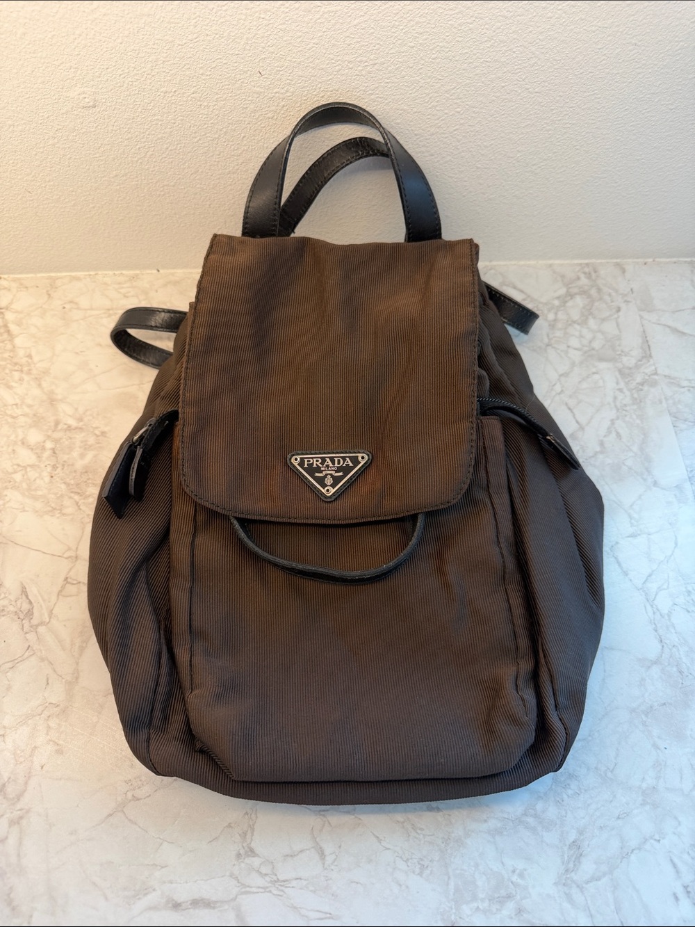 Prada Brown Nylon Backpack with Leather Trim